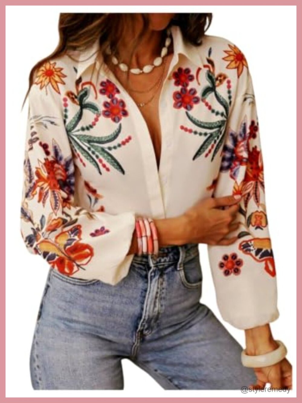 Women's Button Up Floral Print Lantern Sleeve Boho Blouse Dressy Top